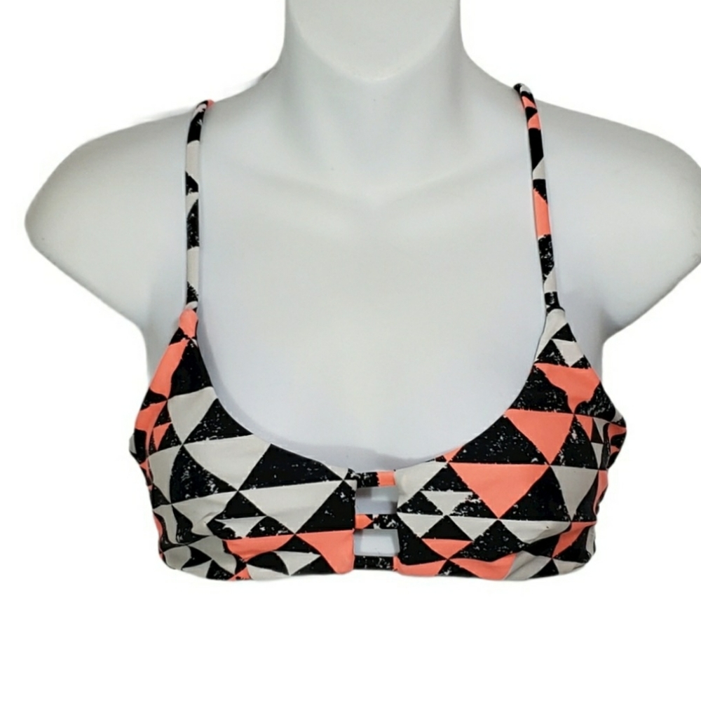 Sole East Geometric Cage Back Bikini Top Black White Salmon Size Small Swimwear